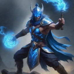 A formidable warrior infused with glowing blue mana energy, armed with a magical staff that's pulsing with the same energy, in a dramatic fantasy battlefield.