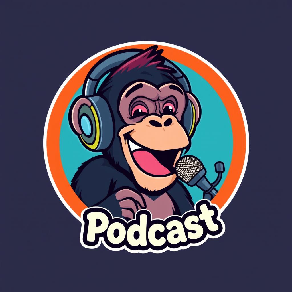 A logo design for a podcast featuring a cartoonish chimpanzee wearing headphones, animatedly talking into a microphone