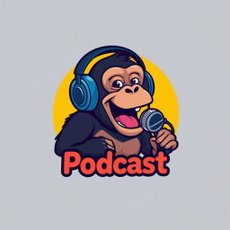 A logo design for a podcast featuring a cartoonish chimpanzee wearing headphones, animatedly talking into a microphone