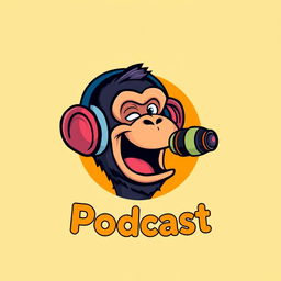 A logo design for a podcast featuring a cartoonish chimpanzee wearing headphones, animatedly talking into a microphone