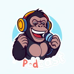 A logo design for a podcast featuring a cartoonish chimpanzee wearing headphones, animatedly talking into a microphone