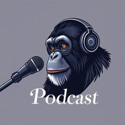 A realistic logo design for a podcast featuring a detailed chimpanzee wearing headphones, engaged in conversation at a sleek microphone