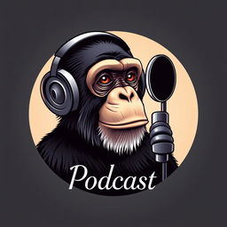 A realistic logo design for a podcast featuring a detailed chimpanzee wearing headphones, engaged in conversation at a sleek microphone