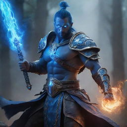 A formidable warrior infused with glowing blue mana energy, armed with a magical staff that's pulsing with the same energy, in a dramatic fantasy battlefield.