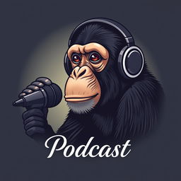 A realistic logo design for a podcast featuring a detailed chimpanzee wearing headphones, engaged in conversation at a sleek microphone