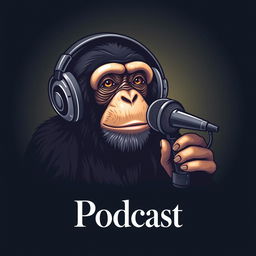 A realistic logo design for a podcast featuring a detailed chimpanzee wearing headphones, engaged in conversation at a sleek microphone