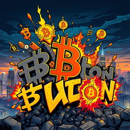 A vibrant and dynamic composition featuring bold and stylized graffiti art depicting symbols and icons related to Bitcoin (BTC) and cryptocurrency, interspersed with flames and explosive elements to convey energy and excitement