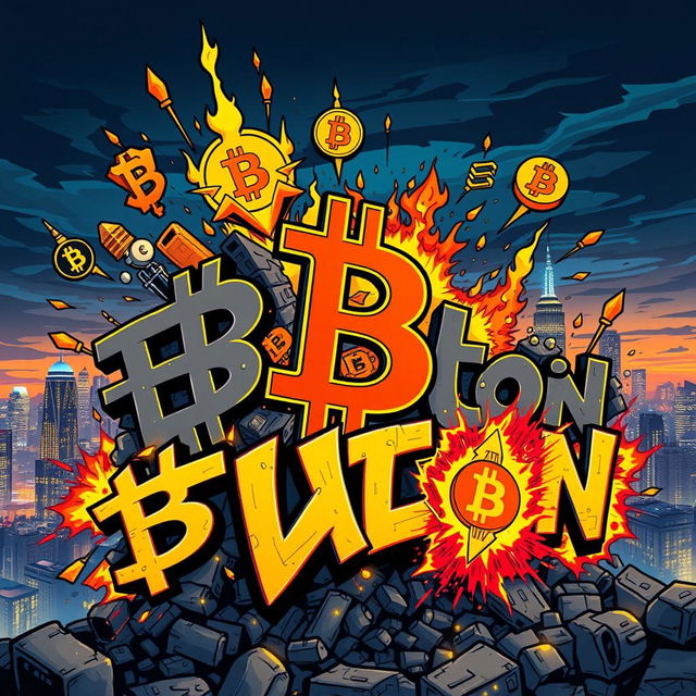 A vibrant and dynamic composition featuring bold and stylized graffiti art depicting symbols and icons related to Bitcoin (BTC) and cryptocurrency, interspersed with flames and explosive elements to convey energy and excitement