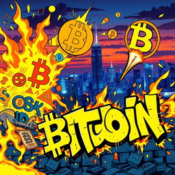 A vibrant and dynamic composition featuring bold and stylized graffiti art depicting symbols and icons related to Bitcoin (BTC) and cryptocurrency, interspersed with flames and explosive elements to convey energy and excitement