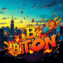 A vibrant and dynamic composition featuring bold and stylized graffiti art depicting symbols and icons related to Bitcoin (BTC) and cryptocurrency, interspersed with flames and explosive elements to convey energy and excitement