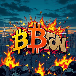 A vibrant and dynamic composition featuring bold and stylized graffiti art depicting symbols and icons related to Bitcoin (BTC) and cryptocurrency, interspersed with flames and explosive elements to convey energy and excitement