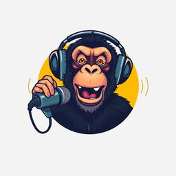 A realistic logo design featuring a sassy chimpanzee wearing headphones, animatedly talking into a microphone