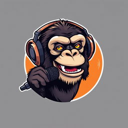 A realistic logo design featuring a sassy chimpanzee wearing headphones, animatedly talking into a microphone