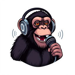 A realistic logo design featuring a sassy chimpanzee wearing headphones, animatedly talking into a microphone