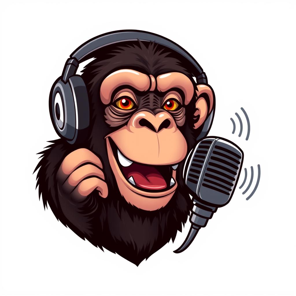 A realistic logo design featuring a sassy chimpanzee wearing headphones, animatedly talking into a microphone