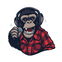 A realistic logo design featuring a sassy chimpanzee dressed in a flannel shirt, wearing headphones and animatedly speaking into a microphone