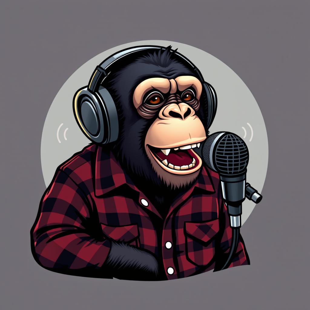 A realistic logo design featuring a sassy chimpanzee dressed in a flannel shirt, wearing headphones and animatedly speaking into a microphone