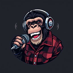 A realistic logo design featuring a sassy chimpanzee dressed in a flannel shirt, wearing headphones and animatedly speaking into a microphone