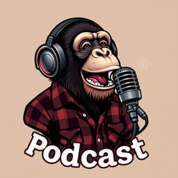 A realistic logo design featuring a sassy chimpanzee dressed in a flannel shirt, wearing headphones and animatedly speaking into a microphone