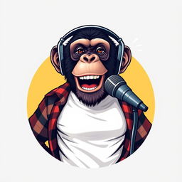 A realistic logo design featuring a sassy chimpanzee wearing a white t-shirt with an unbuttoned flannel shirt on top, wearing headphones while animatedly speaking into a microphone