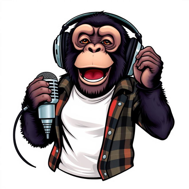 A realistic logo design featuring a sassy chimpanzee wearing a white t-shirt with an unbuttoned flannel shirt on top, wearing headphones while animatedly speaking into a microphone