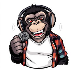 A realistic logo design featuring a sassy chimpanzee wearing a white t-shirt with an unbuttoned flannel shirt on top, wearing headphones while animatedly speaking into a microphone