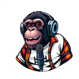 A realistic logo design featuring a sassy chimpanzee wearing a white t-shirt with an unbuttoned flannel shirt on top, wearing headphones while animatedly speaking into a microphone