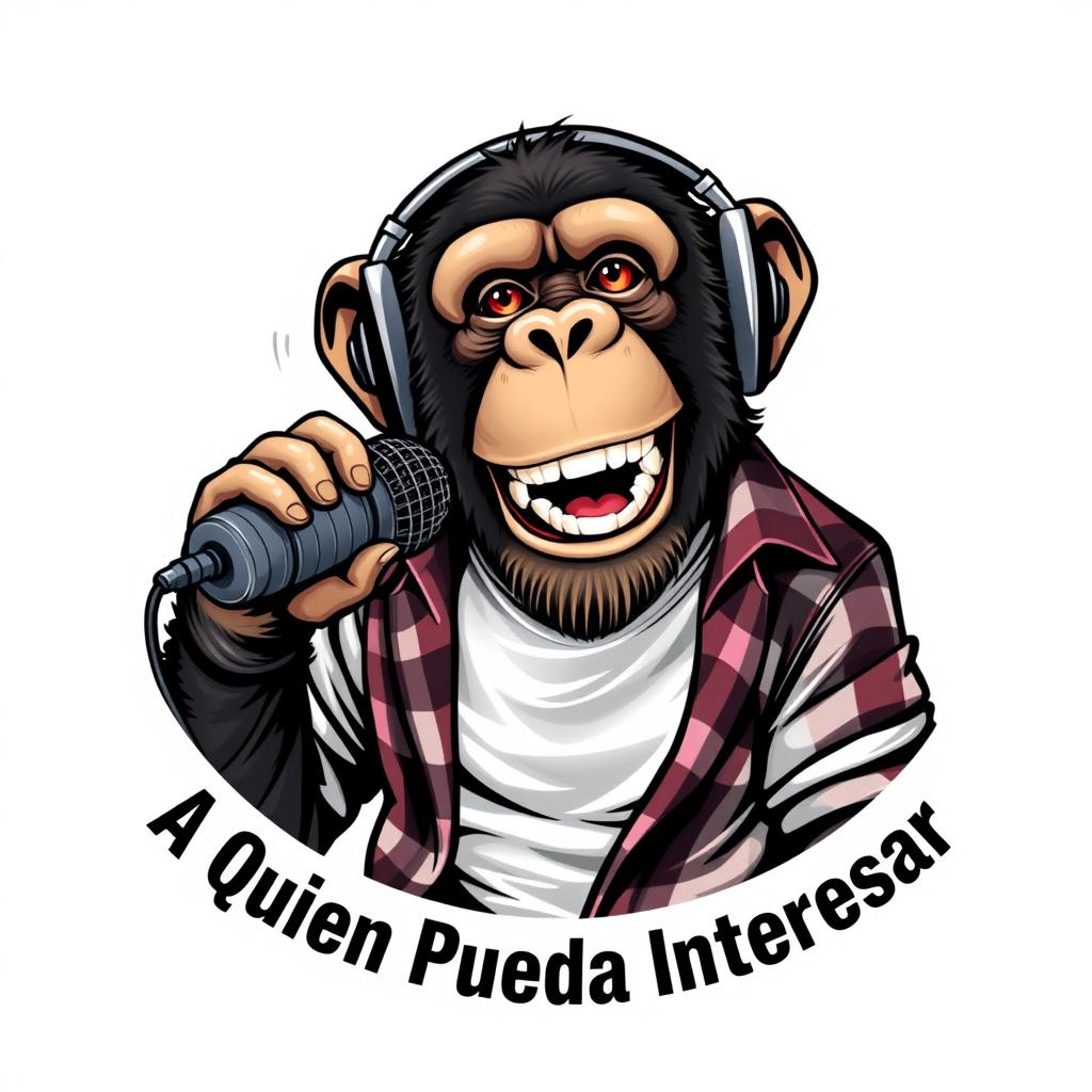 A realistic logo design featuring a sassy chimpanzee wearing a white t-shirt with an unbuttoned flannel shirt on top, wearing headphones while animatedly speaking into a microphone