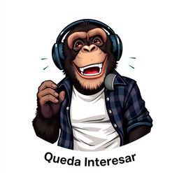 A realistic logo design featuring a sassy chimpanzee wearing a white t-shirt with an unbuttoned flannel shirt on top, wearing headphones while animatedly speaking into a microphone