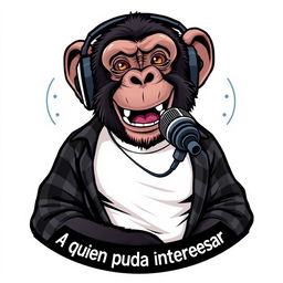 A realistic logo design featuring a sassy chimpanzee wearing a white t-shirt with an unbuttoned flannel shirt on top, wearing headphones while animatedly speaking into a microphone