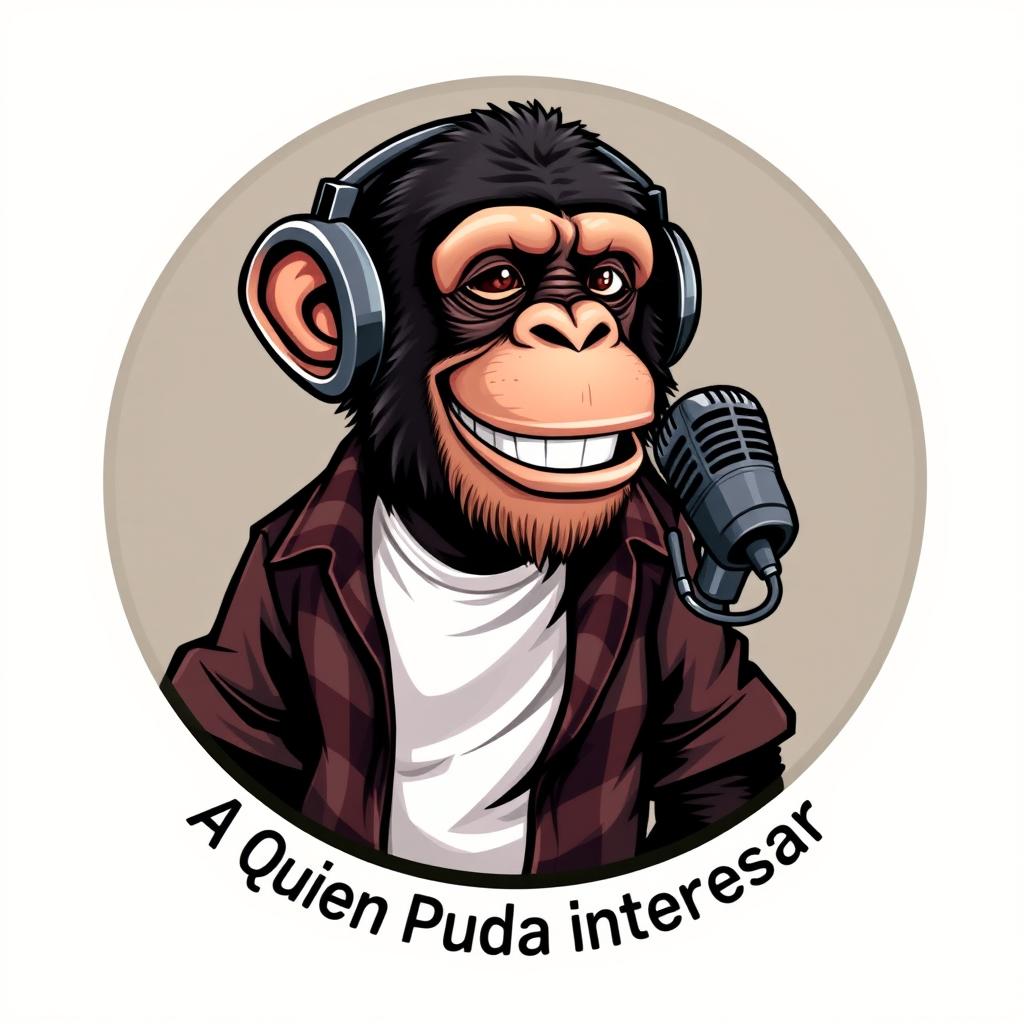 A realistic logo design featuring a sassy chimpanzee wearing a white t-shirt with an unbuttoned flannel shirt on top, wearing headphones while animatedly speaking into a microphone