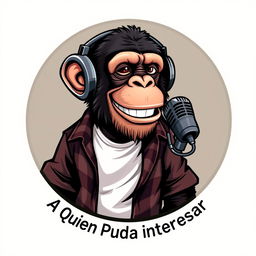 A realistic logo design featuring a sassy chimpanzee wearing a white t-shirt with an unbuttoned flannel shirt on top, wearing headphones while animatedly speaking into a microphone