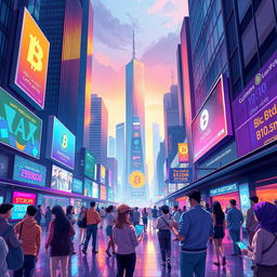 An imaginative and vibrant illustration of the concept of BB & Crypto, showcasing a futuristic cityscape where blockchain technology and cryptocurrencies are integrated into everyday life