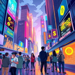 An imaginative and vibrant illustration of the concept of BB & Crypto, showcasing a futuristic cityscape where blockchain technology and cryptocurrencies are integrated into everyday life