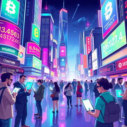 An imaginative and vibrant illustration of the concept of BB & Crypto, showcasing a futuristic cityscape where blockchain technology and cryptocurrencies are integrated into everyday life