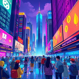 An imaginative and vibrant illustration of the concept of BB & Crypto, showcasing a futuristic cityscape where blockchain technology and cryptocurrencies are integrated into everyday life