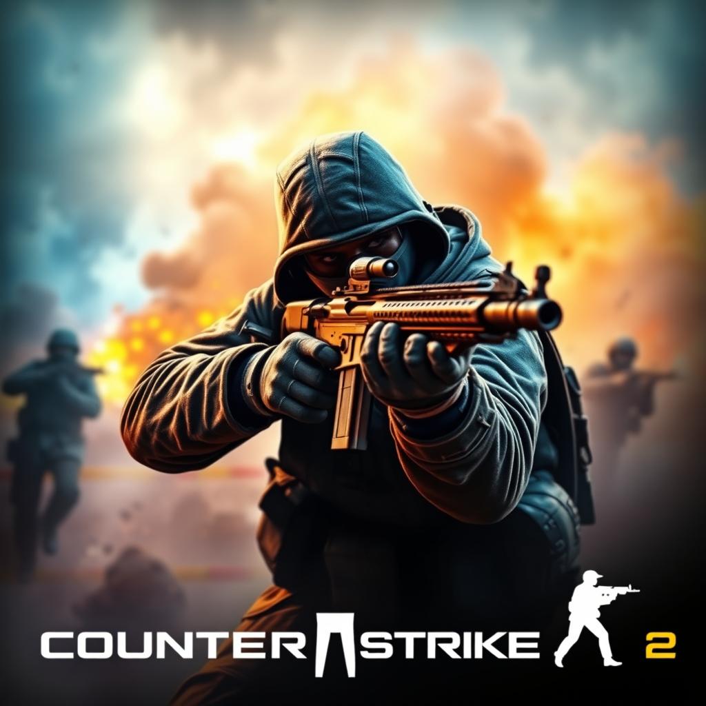 A visually striking thumbnail for Counter-Strike 2, featuring a dynamic and intense gaming scene