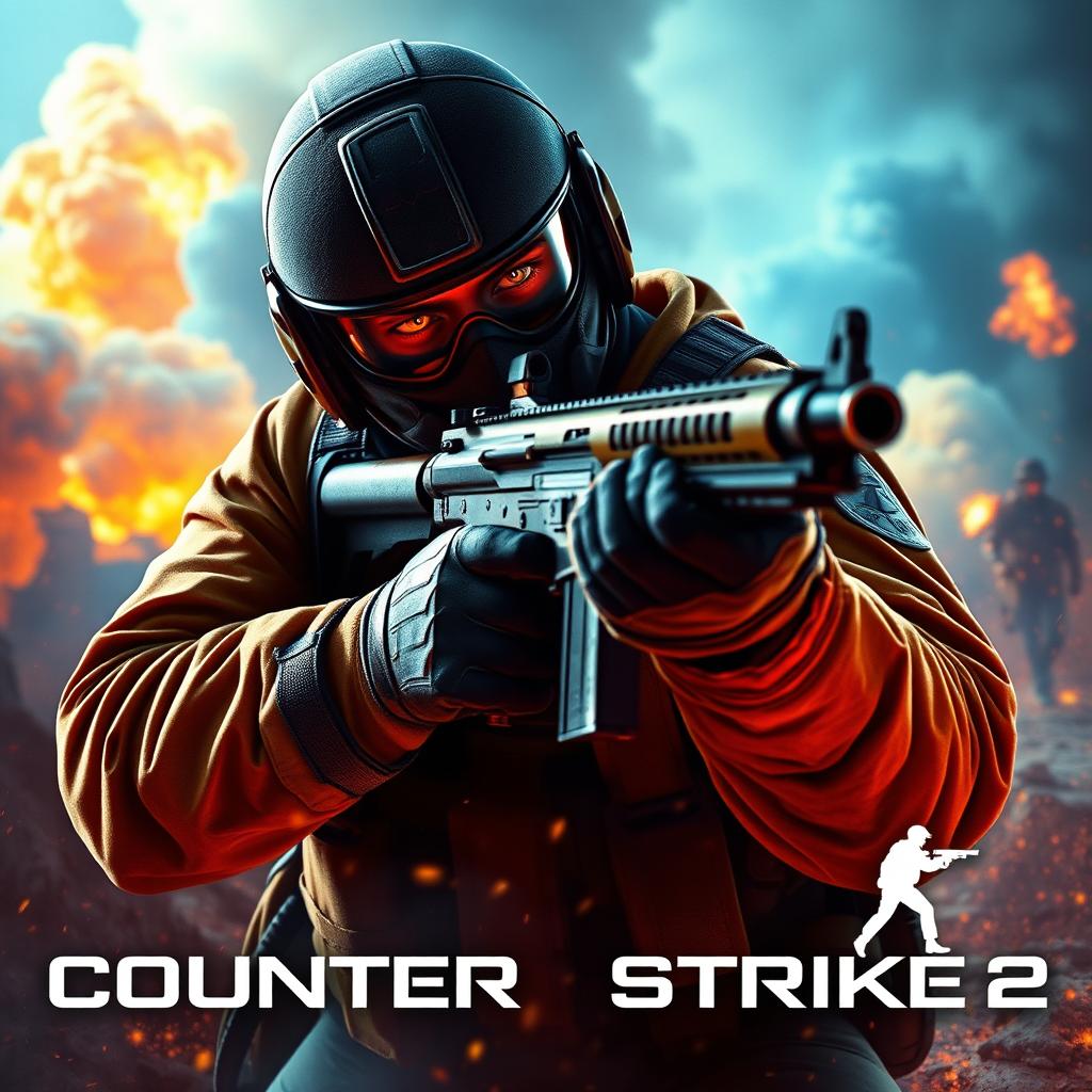 A visually striking thumbnail for Counter-Strike 2, featuring a dynamic and intense gaming scene