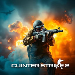 A visually striking thumbnail for Counter-Strike 2, featuring a dynamic and intense gaming scene