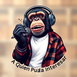 A hyper-realistic logo design featuring a sassy chimpanzee wearing a white t-shirt with an unbuttoned flannel shirt on top, donning headphones while animatedly speaking into a microphone