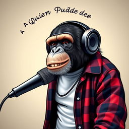 A hyper-realistic logo design featuring a sassy chimpanzee wearing a white t-shirt with an unbuttoned flannel shirt on top, donning headphones while animatedly speaking into a microphone