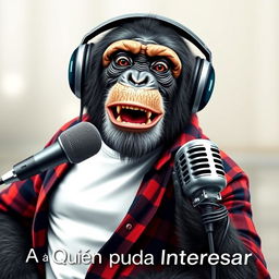 A hyper-realistic logo design featuring a sassy chimpanzee wearing a white t-shirt with an unbuttoned flannel shirt on top, donning headphones while animatedly speaking into a microphone