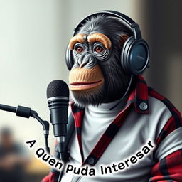 A hyper-realistic logo design featuring a sassy chimpanzee wearing a white t-shirt with an unbuttoned flannel shirt on top, donning headphones while animatedly speaking into a microphone