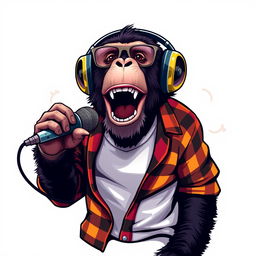 A hyper-realistic logo design featuring a sassy chimpanzee wearing a white t-shirt layered with an unbuttoned flannel shirt