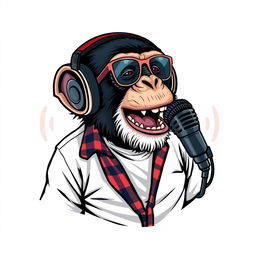 A hyper-realistic logo design featuring a sassy chimpanzee wearing a white t-shirt layered with an unbuttoned flannel shirt