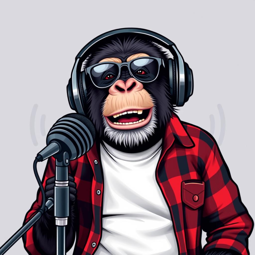 A hyper-realistic logo design featuring a sassy chimpanzee wearing a white t-shirt layered with an unbuttoned flannel shirt