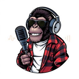 A hyper-realistic logo design featuring a sassy chimpanzee wearing a white t-shirt layered with an unbuttoned flannel shirt