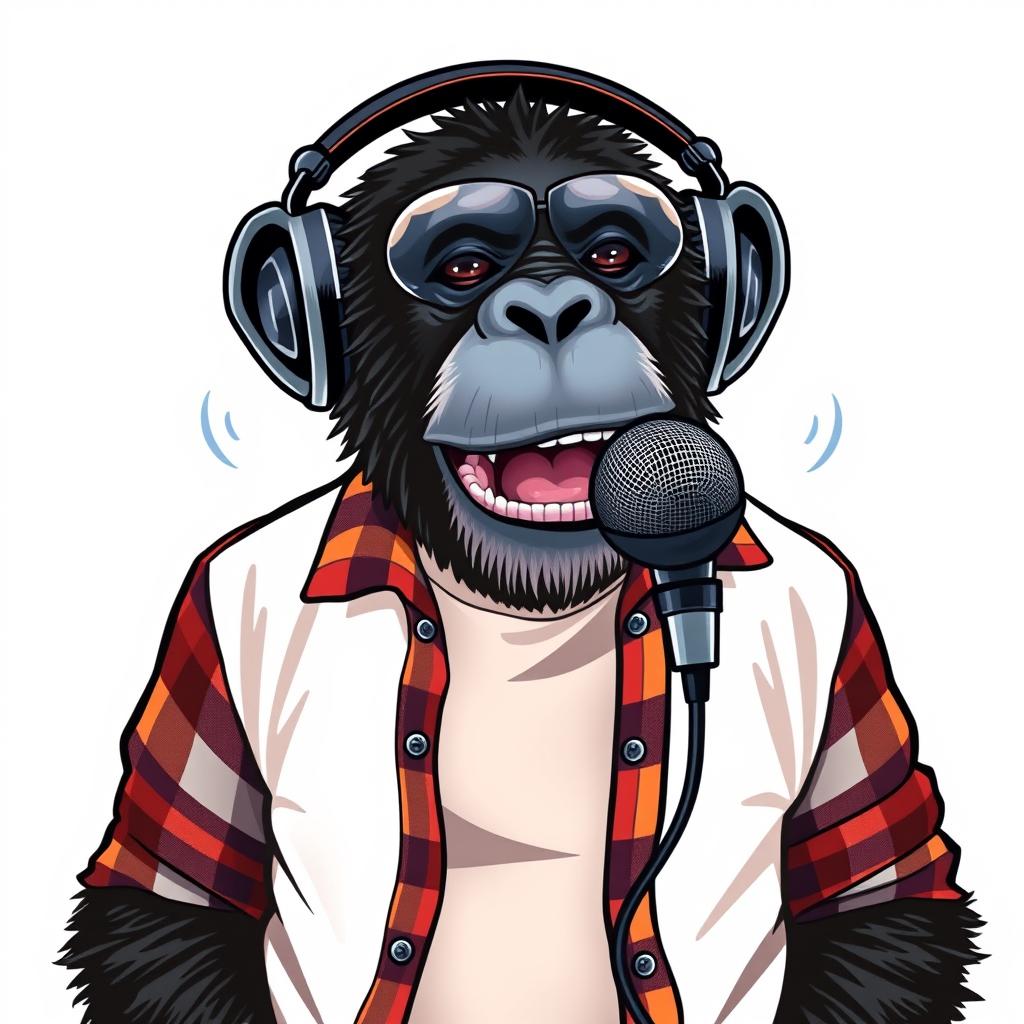 A hyper-realistic logo design featuring a sassy chimpanzee dressed in a white t-shirt layered with an unbuttoned flannel shirt