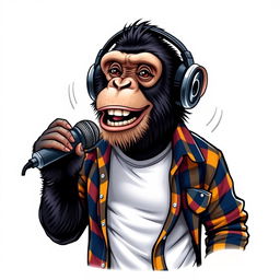 A hyper-realistic logo design featuring a sassy chimpanzee dressed in a white t-shirt layered with an unbuttoned flannel shirt