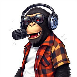 A hyper-realistic logo design featuring a sassy chimpanzee dressed in a white t-shirt layered with an unbuttoned flannel shirt